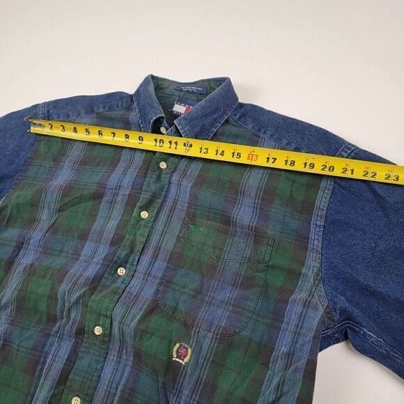 Vintage Y2K 90s Tommy Hilfiger Crest Long Sleeve Button Down Denim Plaid Shirt - Picture 6 of 14